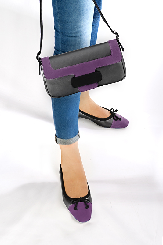 Amethyst purple, dark silver and matt black women's ballet pumps, with low heels. Square toe. Flat flare heels. Worn view - Florence KOOIJMAN